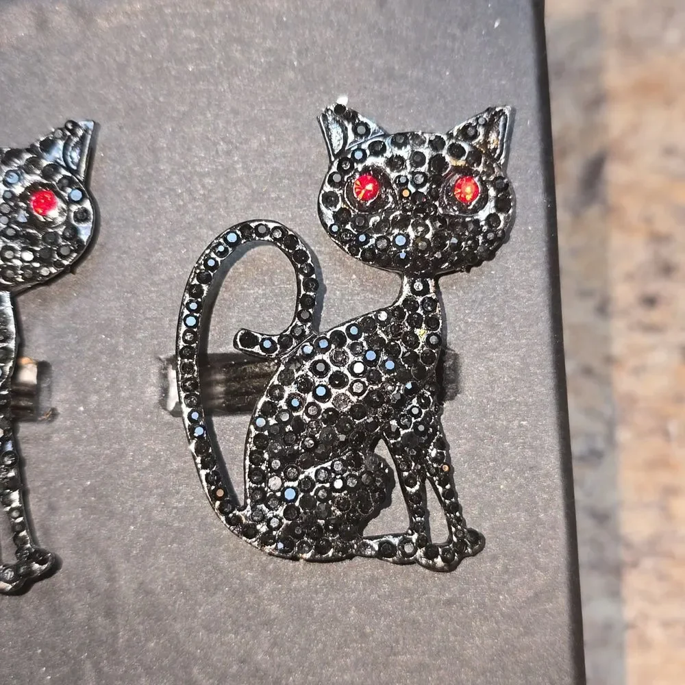 Tahari Black Cat Rhinestone Napkin Rings Set of 4 Red Eyes Halloween